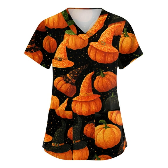 Drmagiyhm Halloween Black Scrubs for Women Plus Size Halloween Shirt Funny Spooky Season Scrub Shirts V-Neck Short Sleeve Pumpkins Printed Fun Nurse Uniforms Saffron L