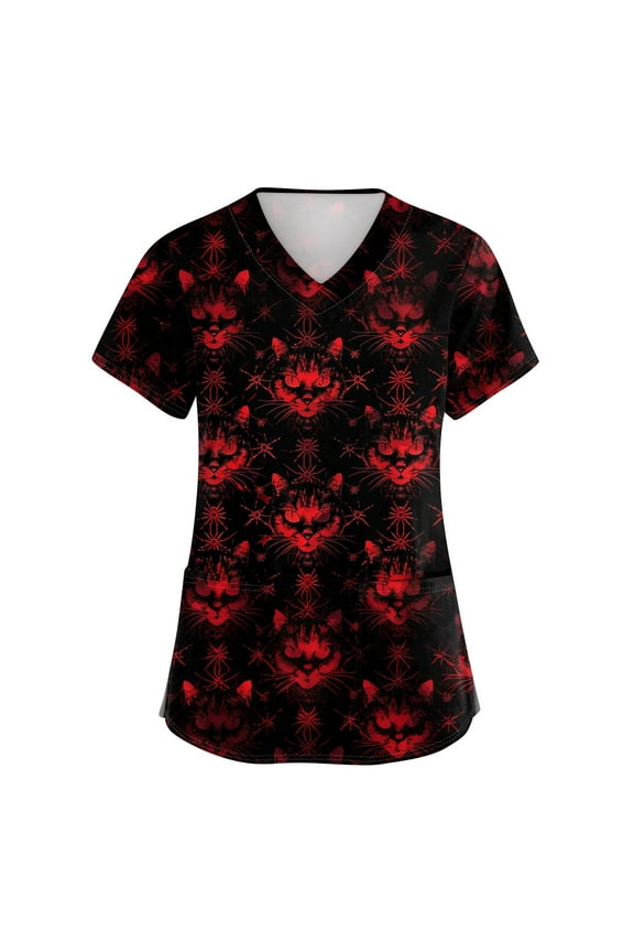Halloween Black Scrubs for Women Plus Size Halloween Shirt Funny Spooky Season Scrub Shirts V Neck Short Sleeve Pumpkins Printed Fun Nurse Uniforms Vermilion 4XL