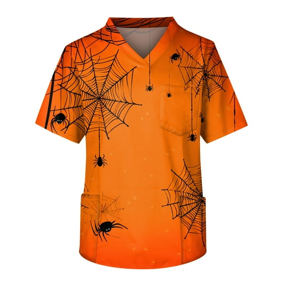 Drmagiyhm Halloween Scrub Tops Men Plus Size Spooky Season Scrub Shirts V-Neck Short Sleeve Funny Halloween Printed Nurse Uniforms Fun Workwear Yellow S