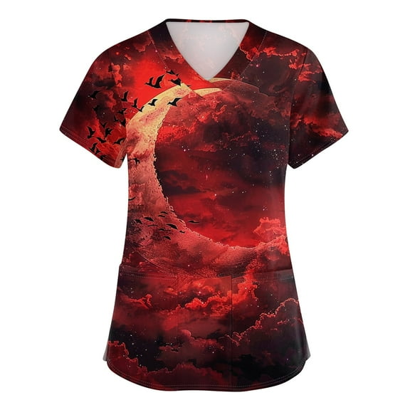 Drmagiyhm Halloween Scrub Tops Women Halloween Shirts Fun Medical Scrubs Short Sleeve V-Neck Scrub Shirts Funny Pumpkins Printed Nurse Uniforms Ginger 4XL