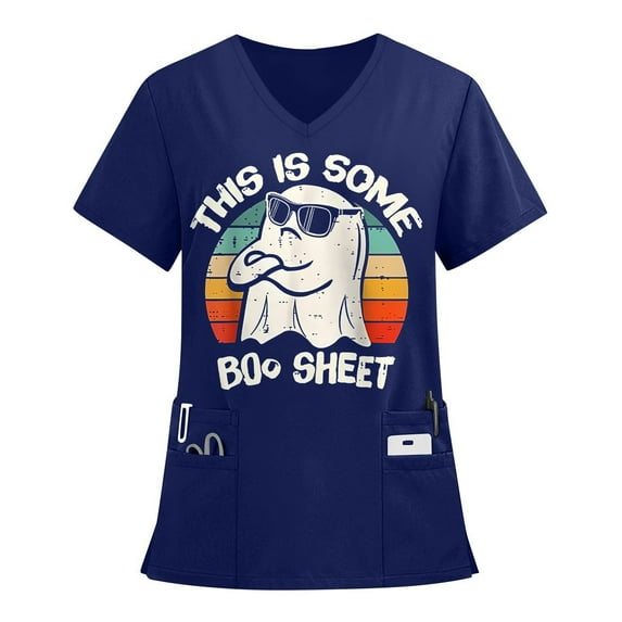 Drmagiyhm Halloween Scrub Tops Women Plus Size Halloween Shirt Funny Spooky Season Scrub Shirts V-Neck Short Sleeve Pumpkins Printed Fun Nurse Uniforms Navy L