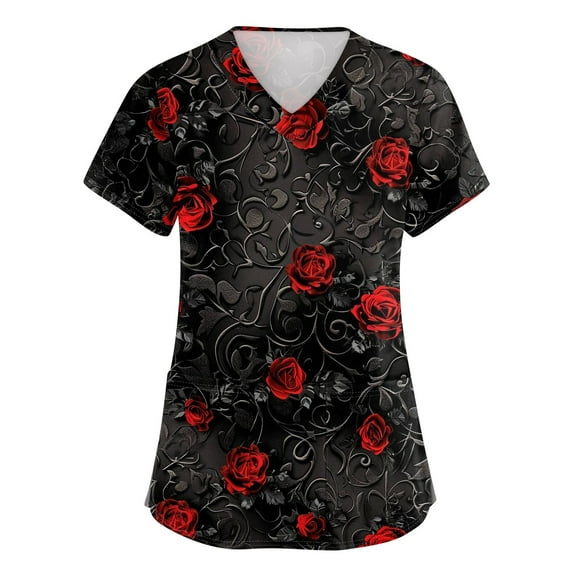 Drmagiyhm Halloween Scrub Tops Women Plus Size Nurse Uniforms Short Sleeve Halloween Nursing Tops Fun V-Neck Scrub Shirts Pumpkins Printed Medical Scrubs Watermelon Red L