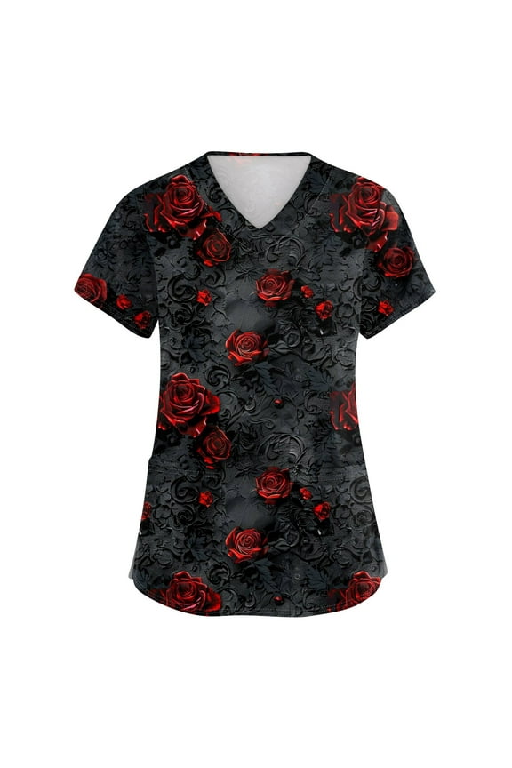 Halloween Scrub Tops Women Plus Size Spooky Season Scrub Shirts V-Neck Short Sleeve Funny Halloween Printed Nurse Uniforms Holiday Fun Workwear Red 3XL