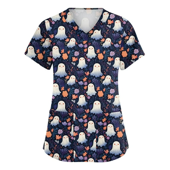 Drmagiyhm Halloween Scrubs for Women Short Sleeve Pumpkins Printed Nurse Uniforms V-Neck Funny Scrub Shirts Plus Size Fun Workwear Dark Gray 3XL