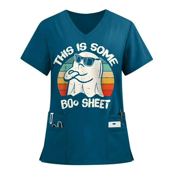 Drmagiyhm Halloween Womens Scrubs Pumpkins Funny Halloween Shirts Short Sleeve Plus Size Scrubs Fun V-Neck Scrub Shirts Holiday Printed Nurse Uniforms Dark Green L