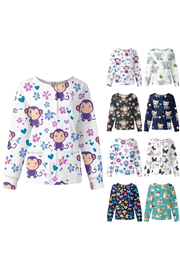 Royal Blue Scrub Jacket for Woman Lightweight Floral Print Snap Front Long Sleeve Warm up Nurse Jacket Plus Size Nurses Working Uniforms 3XL
