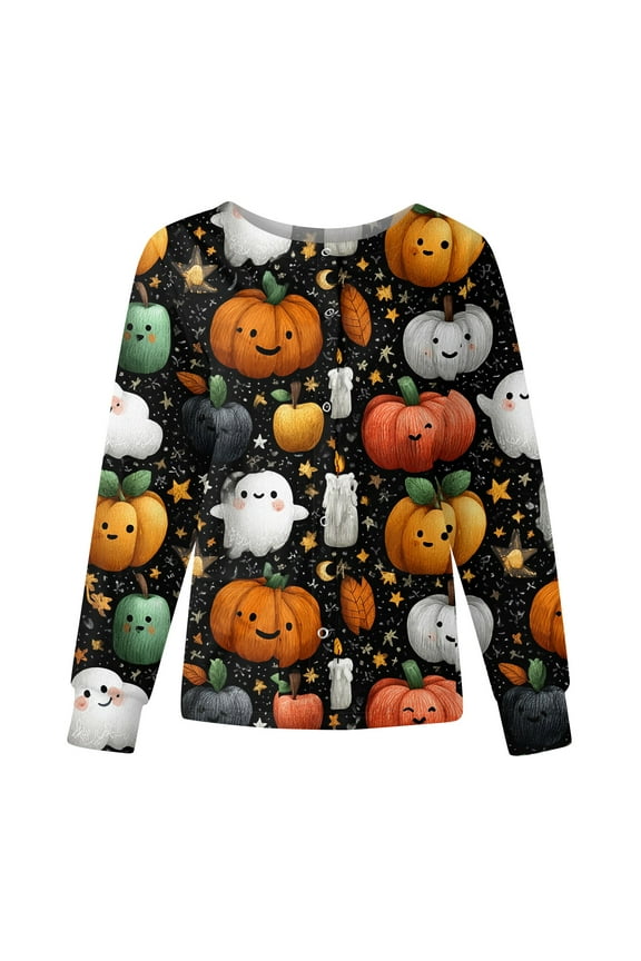 Hallowmas Black Scrubs Sets for Women Long Sleeve Floral Printed Scrub Top Snap Front Plus Size Nursing Working Uniforms Warm up Medical Lab Coat L