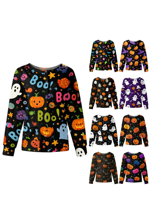 Hallowmas Nurse Jackets for Women Scrub Long Sleeve Floral Print Scrub Tops Button up Cute Plus Size Scrubs Sets Nursing Working Uniforms Hot Pink XL