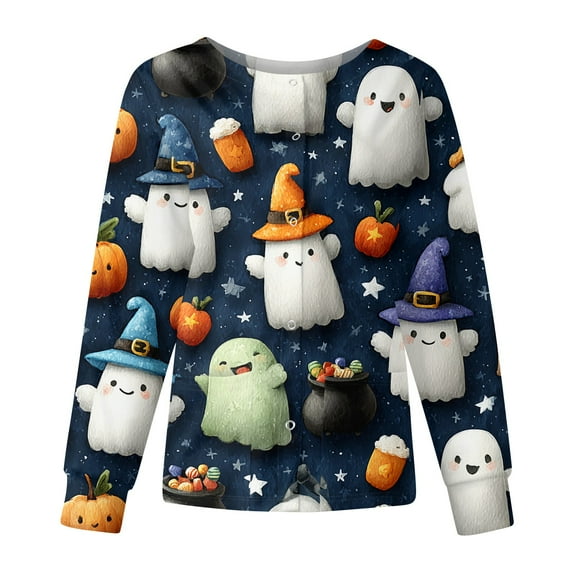 Drmagiyhm Hallowmas Nursing Jackets for Nurses Floral Printed Long Sleeve Button up Plus Size Medical Nursing Working Uniform Cotton Nurse Jacket Blue 4XL