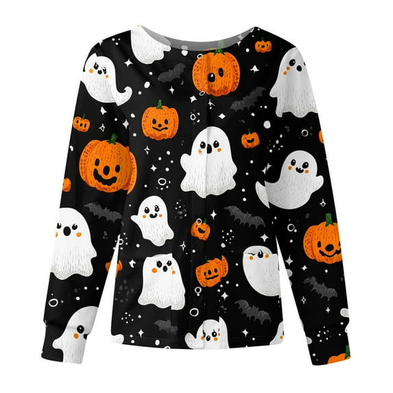 Drmagiyhm Hallowmas Nursing Jackets for Nurses Long Sleeve Floral Print Scrub Top Button up Plus Size Nursing Working Uniforms Warm up Medical Scrubs Sets White 3XL