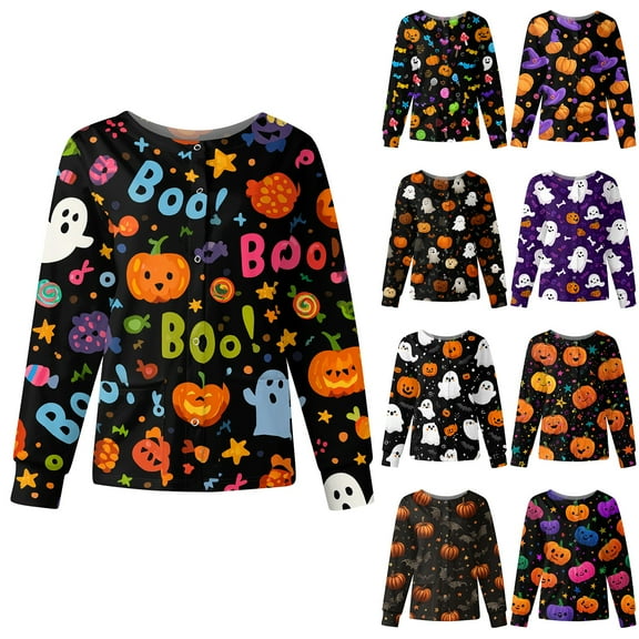 Drmagiyhm Hallowmas Scrub Jackets for Women Stretchy Floral Printed Snap Front Long Sleeve Warm up Scrubs Set Plus Size Nursing Working Uniform Light Purple 2XL