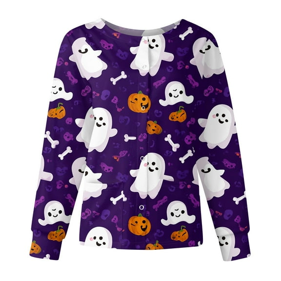Drmagiyhm Hallowmas Womens Scrub Jacket Floral Print Long Sleeve Snap Front Warm up Medical Nursing Working Uniform Plus Size Lab Coat Purple XL