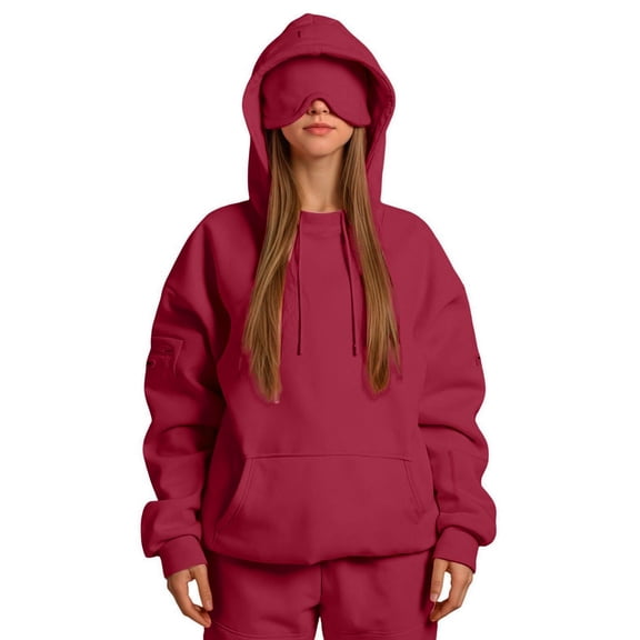 Drmagiyhm Hoodies for Women Teen Girls Hoodie with Eye Mask Built In, Oversized Long Sleeve Sweatshirts Comfort Season Sweaters Novelty Comfortable Airplane Travel Hoodies Wine XS