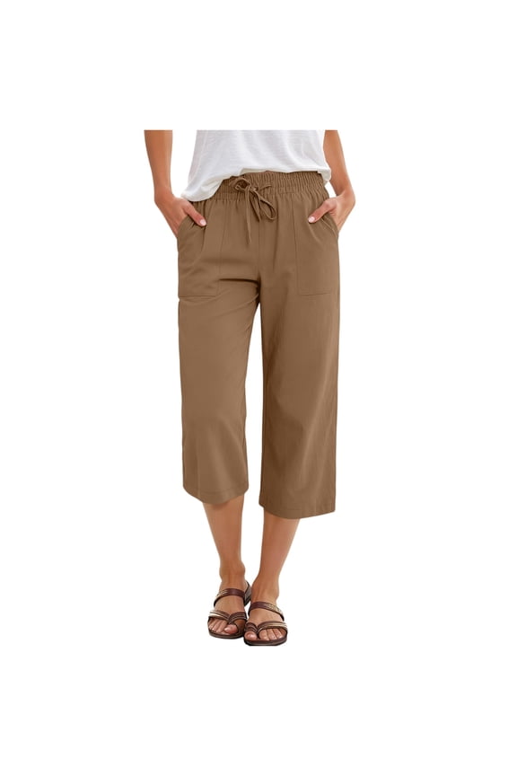 Khaki Capri Pants for Women Cropped Pants Elastic Waist Knee Length Plus Size Capris Dressy Casual Pedal Pushers with Pockets Brown XXL
