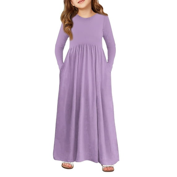 Drmagiyhm Long Sleeve Dress for Girls Size 10-12 Fall Crew Neck Tiered Dress Long-Sleeve Casual Solid Color Cute A-Line Dresses with Pockets 7-8 Years