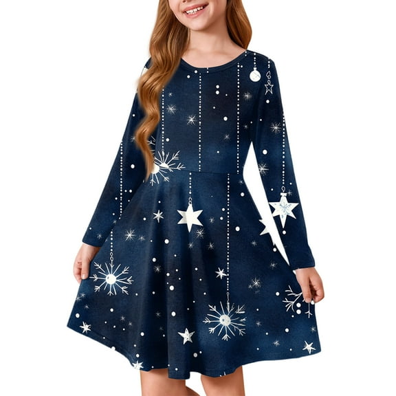 Drmagiyhm Long Sleeve Dress for Girls Size 10-12 Crew Neck Twirly Dresses Cute Christmas Skater Dress Boho Chiffon Midi Dress 5-6 Years