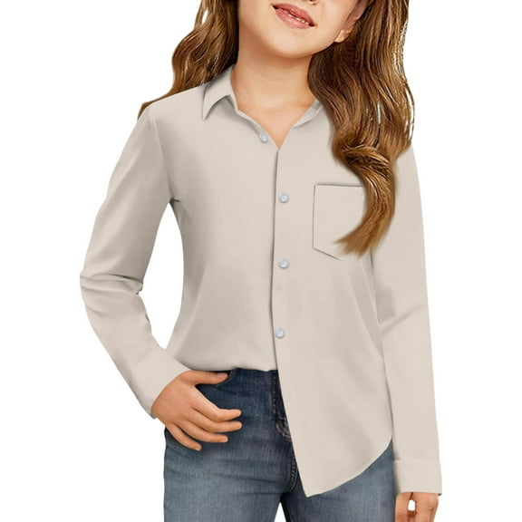 Drmagiyhm Long Sleeve Shirts for Girls Casual Long Sleeve Shirt Comfortable Button T Shirts School Shirts Beige 5-6 Years