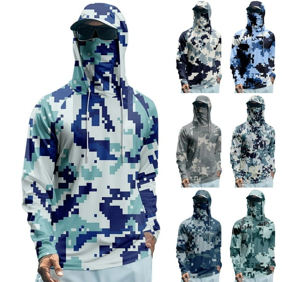 Drmagiyhm Men's Lightweight Fishing Shirts Cooling Spf UPF 50+ Shirts Hooded Long Sleeve Clothing Quick-Dry Sun Hoodie with Face Mask 2XL