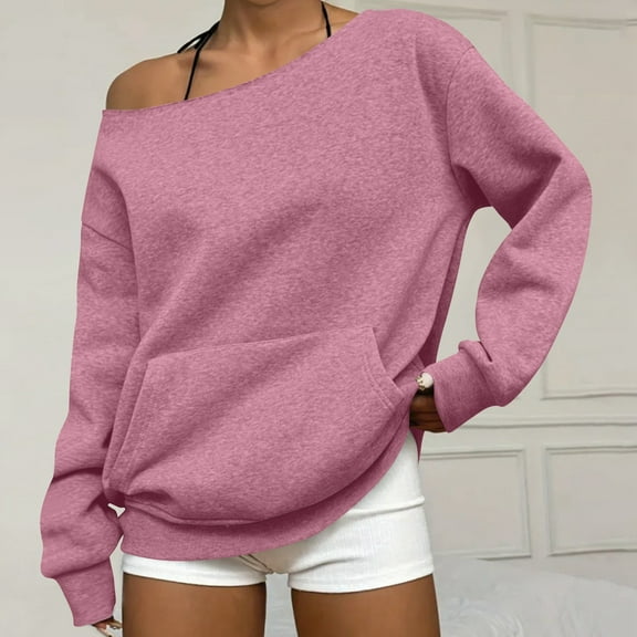 Drmagiyhm Off Shoulder Womens Sweatshirts Long Sleeve Sexy Sweatshirt Fall Cute Slouchy Sweater Pullover Tops Pink 2XL