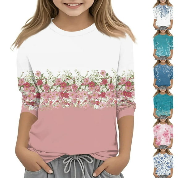 Drmagiyhm Pink Girls 3/4 Sleeve T Shirts Size 10-12 Casual Floral Print Shirt Fall Winter Cute Tshirt Girls Crewneck Tees 12-14 Years