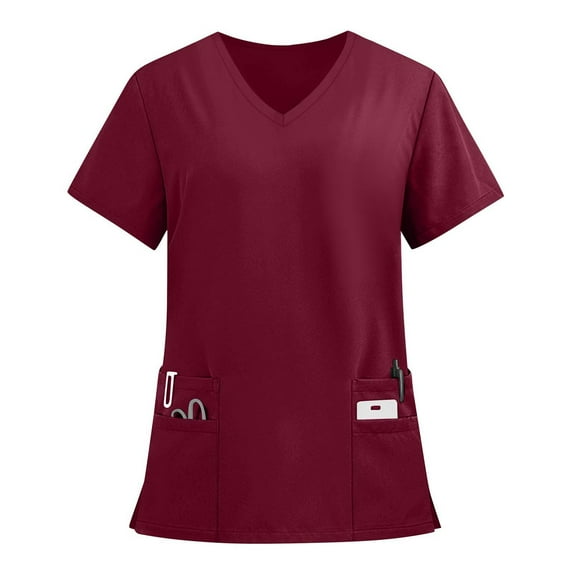 Drmagiyhm Plus Size Scrubs for Women Solid Color Cozy Fit Plus Size Scrub Tops V-Neck Short Sleeve Stretchy Nurses Scrubs Medical Nursing Shirts with Pockets Wine L