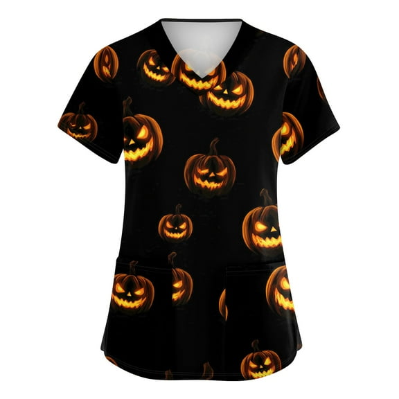 Drmagiyhm Plus Size Scrubs for Women Stretch V Neck Short Sleeve Scrub Shirts Funny Spooky Season Graphic Nurse Uniforms Halloween Fun Workwear Black 3XL