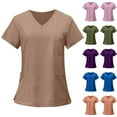 thumbnail image 1 of Drmagiyhm Plus Size Scrubs for Women V Neck Solid Color Cozy Fit Plus Size Scrub Top Short Sleeve Stretch Work Uniform Medical Patriotic Tops with Pockets Khaki XL, 1 of 4