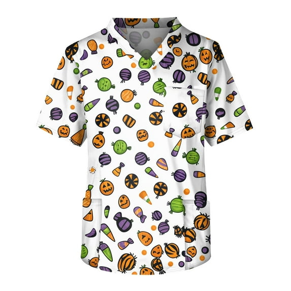 Drmagiyhm Plus Size Scrubs for Men Stretch Funny Halloween Shirts Short Sleeve V Neck Scrub Shirts Fun Pumpkins Printed Nurse Uniforms White 2XL