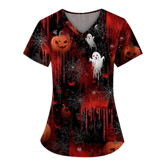 Drmagiyhm Plus Size Scrubs for Men Stretch Funny Halloween Shirts V Neck Short Sleeve Scrub Shirts Fun Pumpkins Printed Nurse Uniforms Wine 3XL