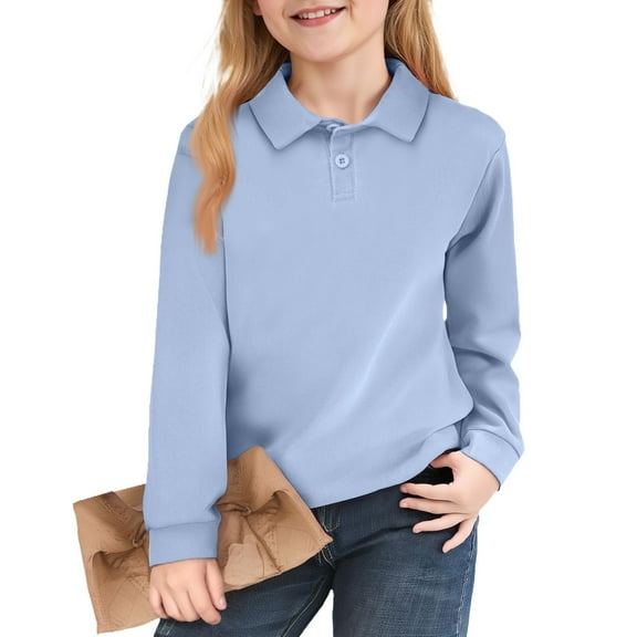 Drmagiyhm School Uniform for Girls Casual Long Sleeve Shirt Golf Button Down Tshirts 2025 New Collared Comfy Tops 12-14 Years Sky Blue
