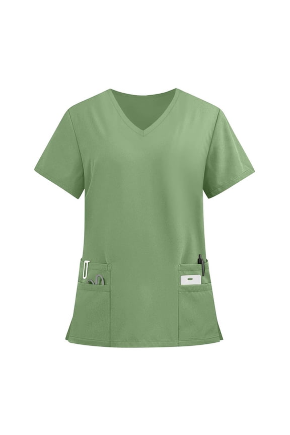 Scrub Tops Women Stretchy Solid Color Cozy Fit Plus Size Scrub Top V Neck Short Sleeve Stretch Patriotic Tops Medical Nursing Uniforms with Pockets Green 3XL
