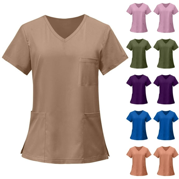 Drmagiyhm Scrub Tops for Women V Neck Solid Color Cozy Fit Plus Size Scrub Tops Short Sleeve Stretch Nursing Uniforms Medical Nurse Scrubs with Pockets Dark Purple XL