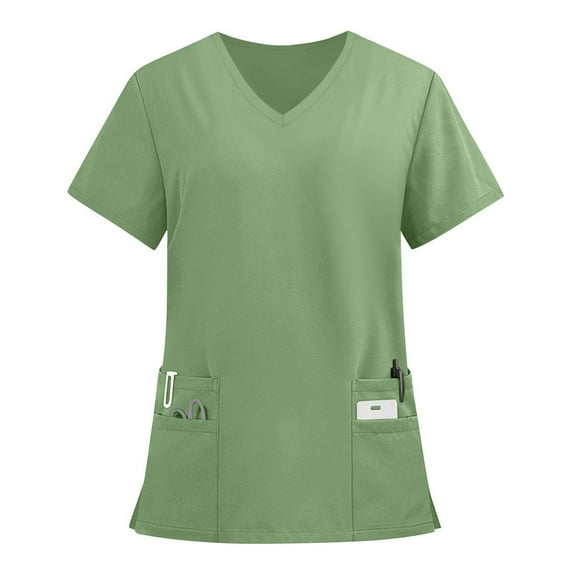 Drmagiyhm Scrub Tops for Women V-Neck Solid Color Plus Size Scrub Tops Short Sleeve Stretchy Nursing Shirts Medical Scrub Shirts with Pockets Green XL