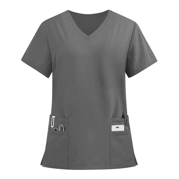 Drmagiyhm Scrub Tops for Women Solid Color Plus Size Scrub Top V Neck Short Sleeve Stretch Scrub Shirts Medical Working Uniform with Pockets Gray 3XL