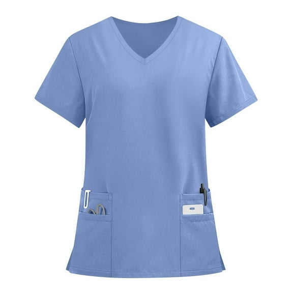 Drmagiyhm Scrub Tops for Women Solid Color Plus Size Scrub Tops V-Neck Short Sleeve Stretch Scrub Shirts Medical Nursing Shirts with Pockets Blue 3XL