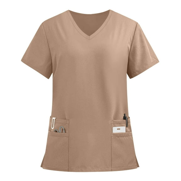 Drmagiyhm Scrubs Tops for Women V-Neck Solid Color Cozy Fit Plus Size Scrub Tops Short Sleeve Stretch Nursing Uniforms Medical Nurses Scrubs with Pockets Khaki 5XL