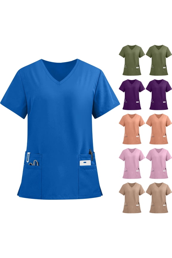 Scrubs for Women Solid Color Plus Size Scrub Tops V Neck Short Sleeve Stretch Nursing Scrubs Medical Nursing Shirts with Pockets Dark Blue S