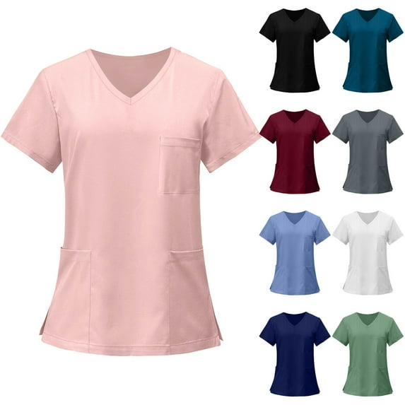 Drmagiyhm Scrubs for Women Tops Solid Color Plus Size Scrub Tops V Neck Short Sleeve Stretch Scrub Shirts Medical Nursing Shirts with Pockets Wine 3XL