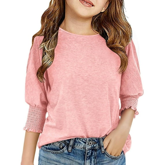 Drmagiyhm Shirts for Girl Size 10-12 Cute Shirts Trendy Casual Crewneck T-Shirts Smocked Cuffs 3/4 Sleeve Tees Pink 12-14 Years