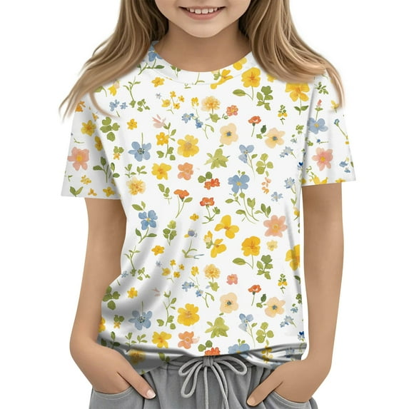 Drmagiyhm Short Sleeve Tops for Girls Size 10-12 Cute Crewneck Shirts Floral Print Tshirts Casual Fashion Girl Beach Short Sleeve Tops 9-10 Years