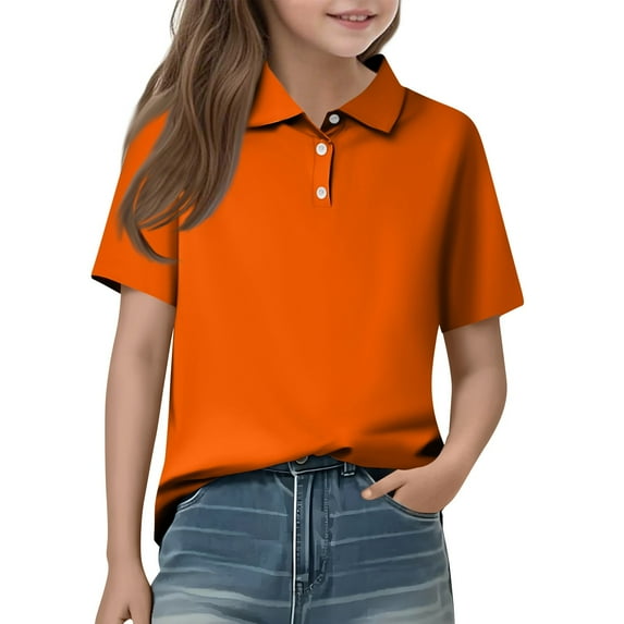 Drmagiyhm Toddler Girls Uniforms Tops for School Size 10-12 Short Sleeve Shirt 2025 New Collared Top Casual Uniform Top Comfortable Button Down Tshirts Orange 12-14 Years
