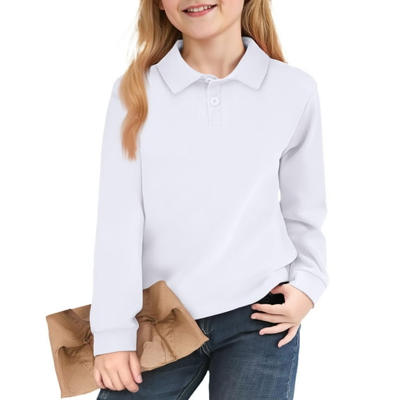 Drmagiyhm Uniforms for Girls Comfortable Long Sleeve Shirts Casual Button Tshirts 2025 Fall New Collared Comfy Top 11-12 Years White