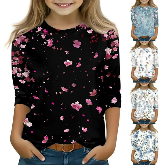 Drmagiyhm White 3/4 Sleeve Shirt for Girls Size 10-12 Cute Floral Print Shirt Trendy Casual Crewneck T Shirts Fall Winter Tops 7-8 Years