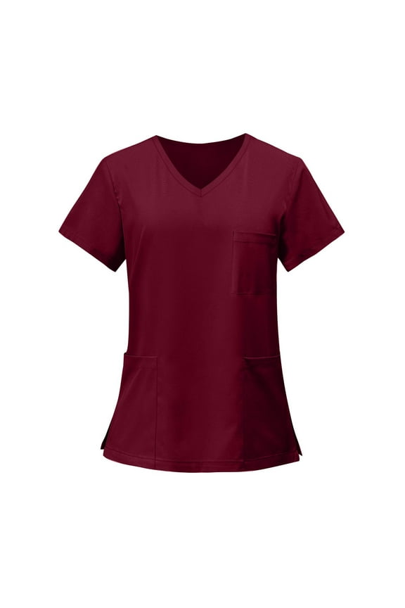 Wine Scrubs for Women V-Neck Solid Color Cozy Fit Plus Size Scrub Top Short Sleeve Stretch Nurse Uniforms Medical Nursing Scrubs with Pockets M