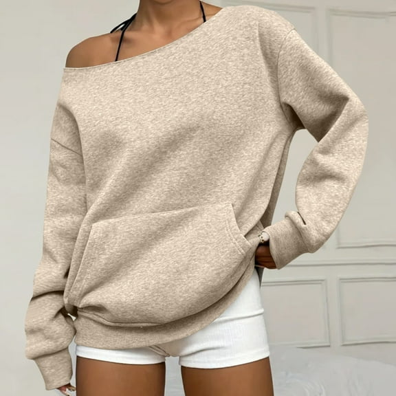 Drmagiyhm Womens Off Shoulder Sweatshirt Plus Size Long Sleeve Sweatshirt Casual Season Oversized Tshirts Sexy Slouchy Pullover Top Khaki L