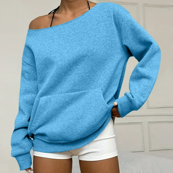 Drmagiyhm Womens Off The Shoulder Tops Casual Long Sleeve Sweatshirts Casual Season Oversized Tshirts Sexy Slouchy Pullover Top Sky Blue XL