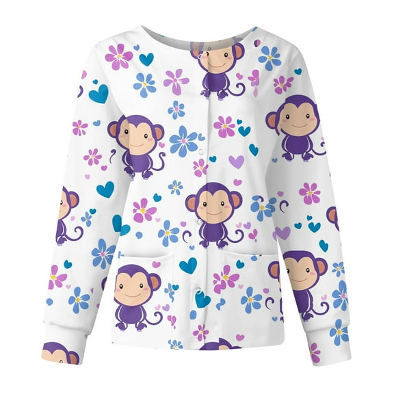Drmagiyhm Womens Scrub Jacket Long Sleeve Floral Print Scrub Tops Button up Stretchy Plus Size Lab Coat Nursing Working Uniform Purple M