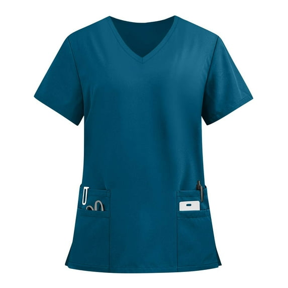 Drmagiyhm Womens Scrub Tops Solid Color Cozy Fit Plus Size Scrub Top V-Neck Short Sleeve Stretch Nurse Scrubs Medical Nursing Shirts with Pockets Dark Blue L