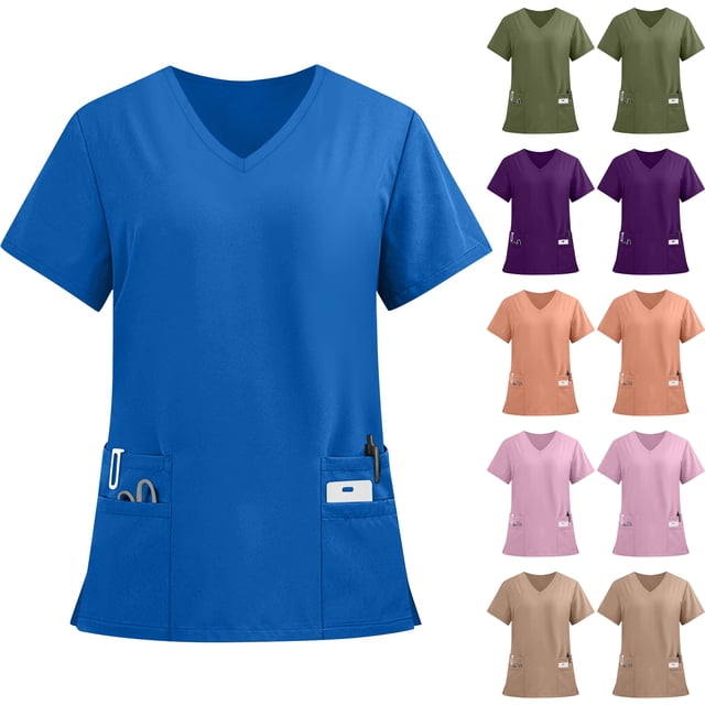 Drmagiyhm Womens Scrub Tops V Neck Solid Color Cozy Fit Plus Size Scrub Tops Short Sleeve Stretch Working Uniform Medical Nurses Scrubs with Pockets Dark Purple S