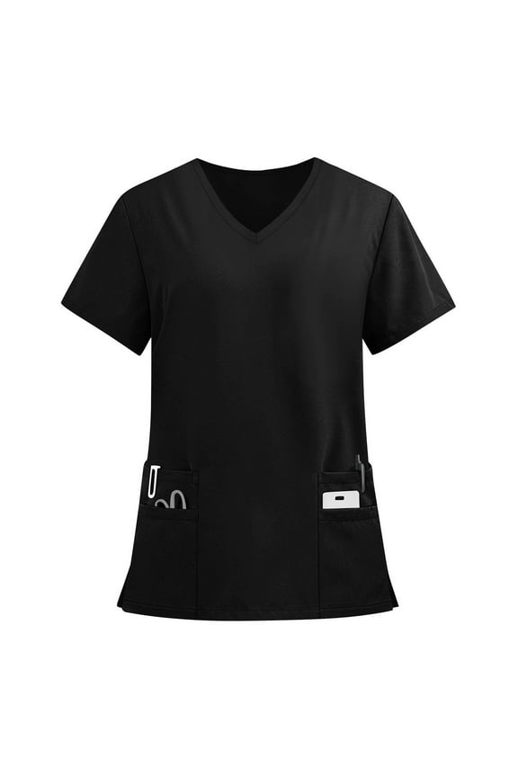 Womens Scrub Tops V-Neck Solid Color Plus Size Scrub Top Short Sleeve Stretch Working Uniform Medical Nursing Scrubs with Pockets Black 5XL